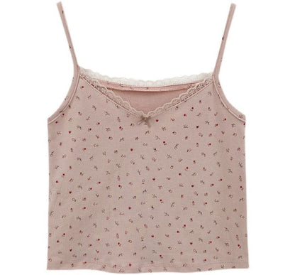 Floral Print Lace Trim Crop Camisole Top