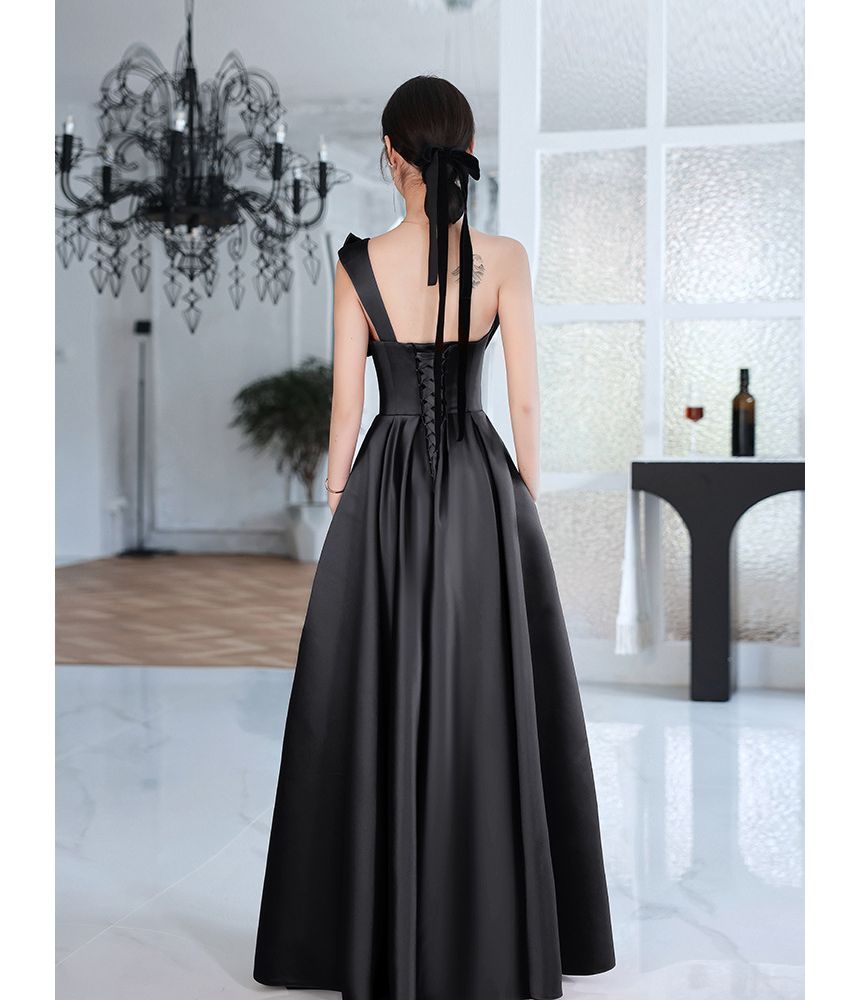 Sleeveless One Shoulder Plain Bow Satin A-Line Evening Gown