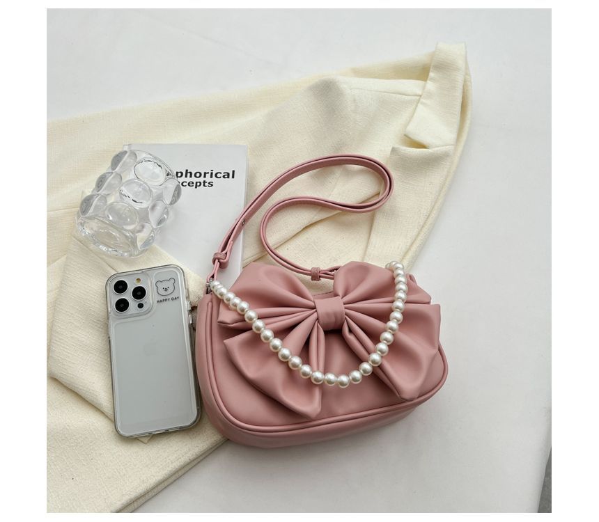 Faux Pearl Strap Bow Crossbody Bag