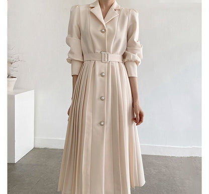 Long-Sleeve Notch Lapel Faux Pearl Button Pleated Midi A-Line Dress