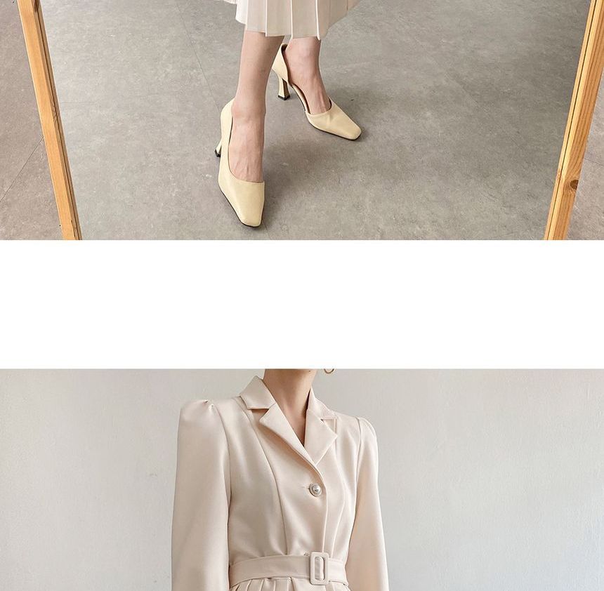 Long-Sleeve Notch Lapel Faux Pearl Button Pleated Midi A-Line Dress