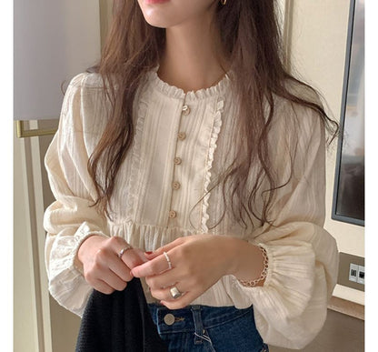 Long-Sleeve Plain Frill Trim Blouse