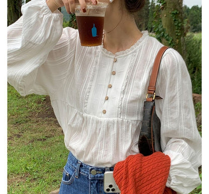 Long-Sleeve Plain Frill Trim Blouse