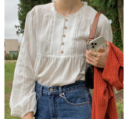 Long-Sleeve Plain Frill Trim Blouse