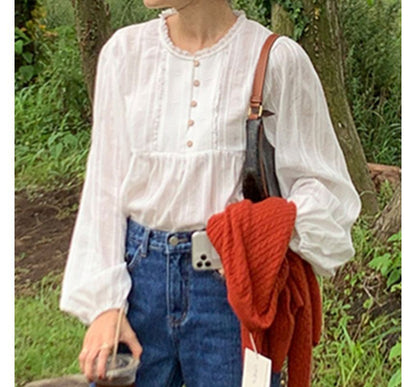 Long-Sleeve Plain Frill Trim Blouse