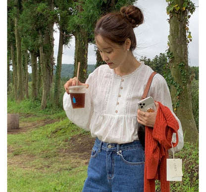 Long-Sleeve Plain Frill Trim Blouse