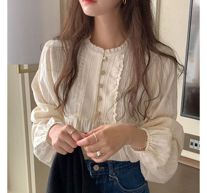 Long-Sleeve Plain Frill Trim Blouse