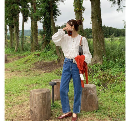 Long-Sleeve Plain Frill Trim Blouse