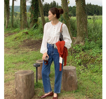 Long-Sleeve Plain Frill Trim Blouse