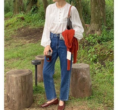 Long-Sleeve Plain Frill Trim Blouse