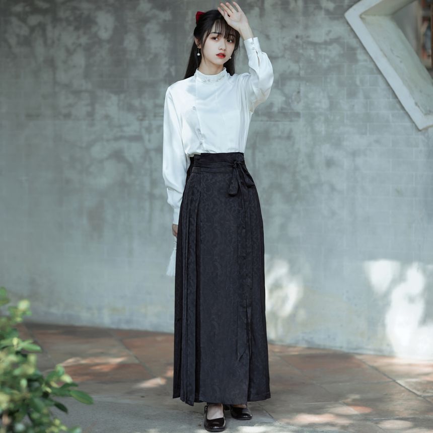 Long-Sleeve Stand Collar Embroidered Blouse / Tie-Waist Pleated Maxi A-Line Skirt