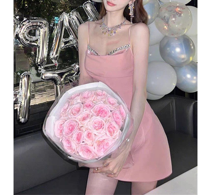 Spaghetti Strap Cowl Neck Rhinestone Mini A-Line Party Dress