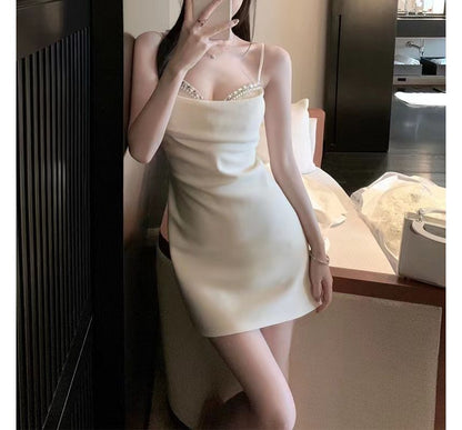 Spaghetti Strap Cowl Neck Rhinestone Mini A-Line Party Dress