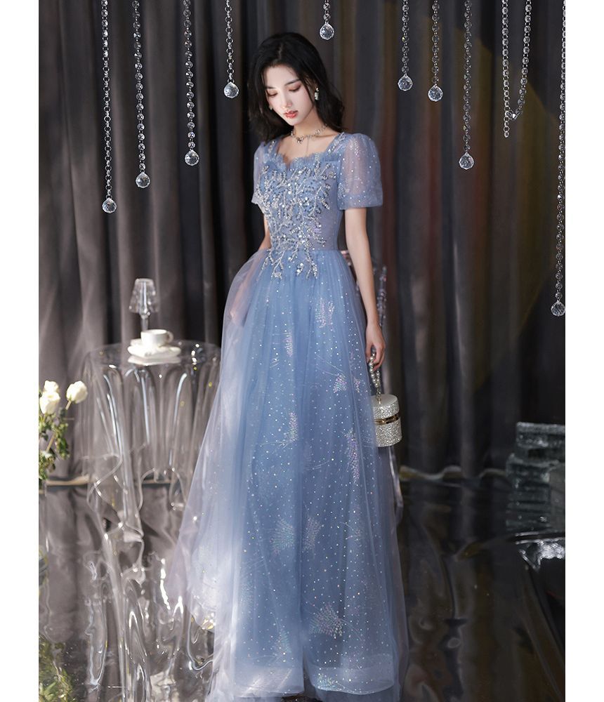 Puff-Sleeve Sequin A-Line Evening Gown