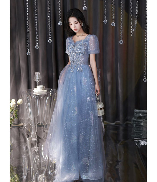 Puff-Sleeve Sequin A-Line Evening Gown