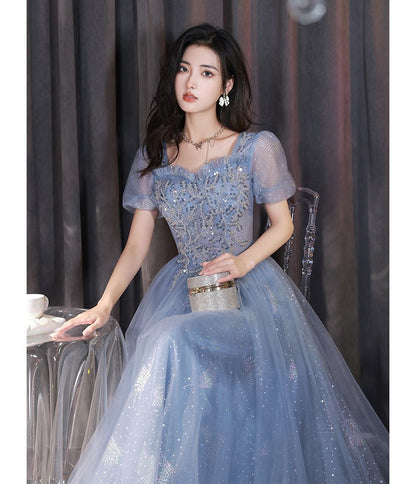 Puff-Sleeve Sequin A-Line Evening Gown