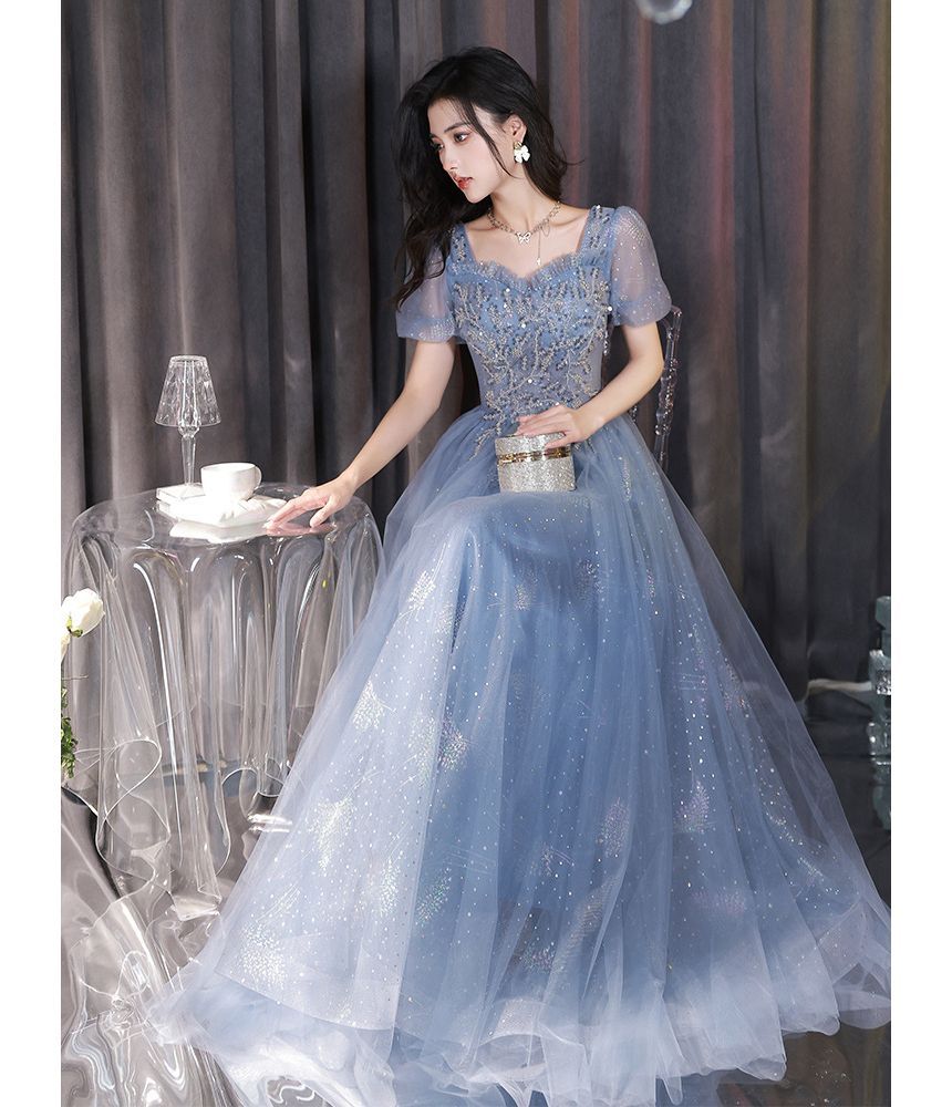 Puff-Sleeve Sequin A-Line Evening Gown