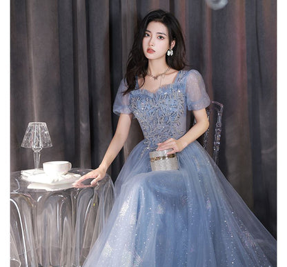 Puff-Sleeve Sequin A-Line Evening Gown