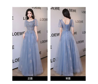 Puff-Sleeve Sequin A-Line Evening Gown