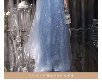 Puff-Sleeve Sequin A-Line Evening Gown