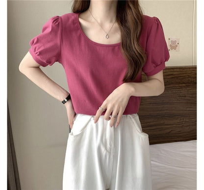 Puff-Sleeve Scoop Neck Plain T-Shirt