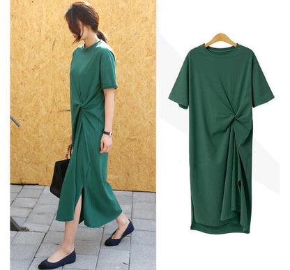 Short-Sleeve Crew Neck Plain Twist Midi T-Shirt Dress