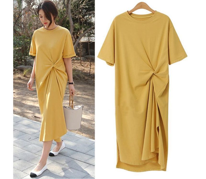 Short-Sleeve Crew Neck Plain Twist Midi T-Shirt Dress