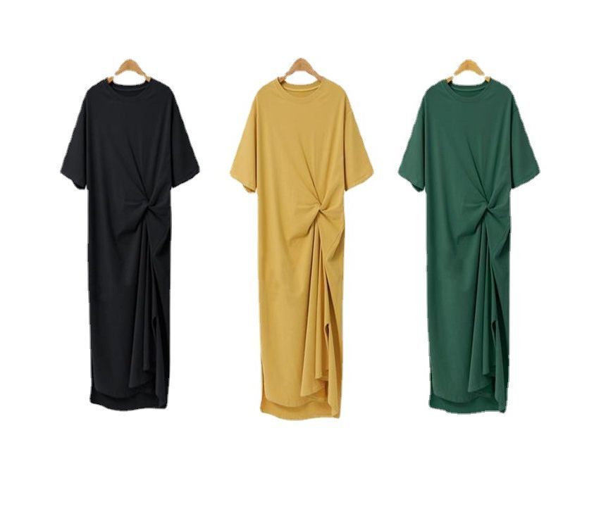 Short-Sleeve Crew Neck Plain Twist Midi T-Shirt Dress