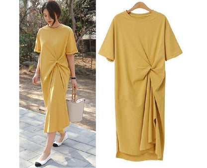 Short-Sleeve Crew Neck Plain Twist Midi T-Shirt Dress