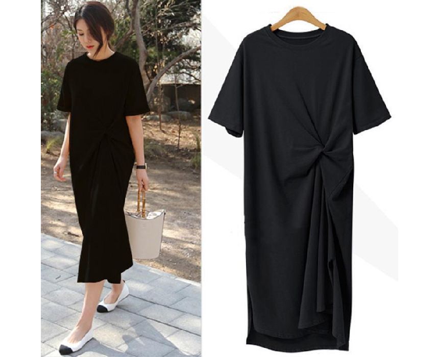 Short-Sleeve Crew Neck Plain Twist Midi T-Shirt Dress