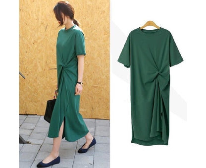 Short-Sleeve Crew Neck Plain Twist Midi T-Shirt Dress