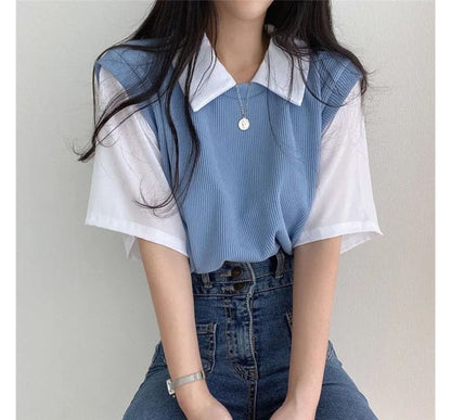 Short-Sleeve Collared Mock Two Piece T-Shirt