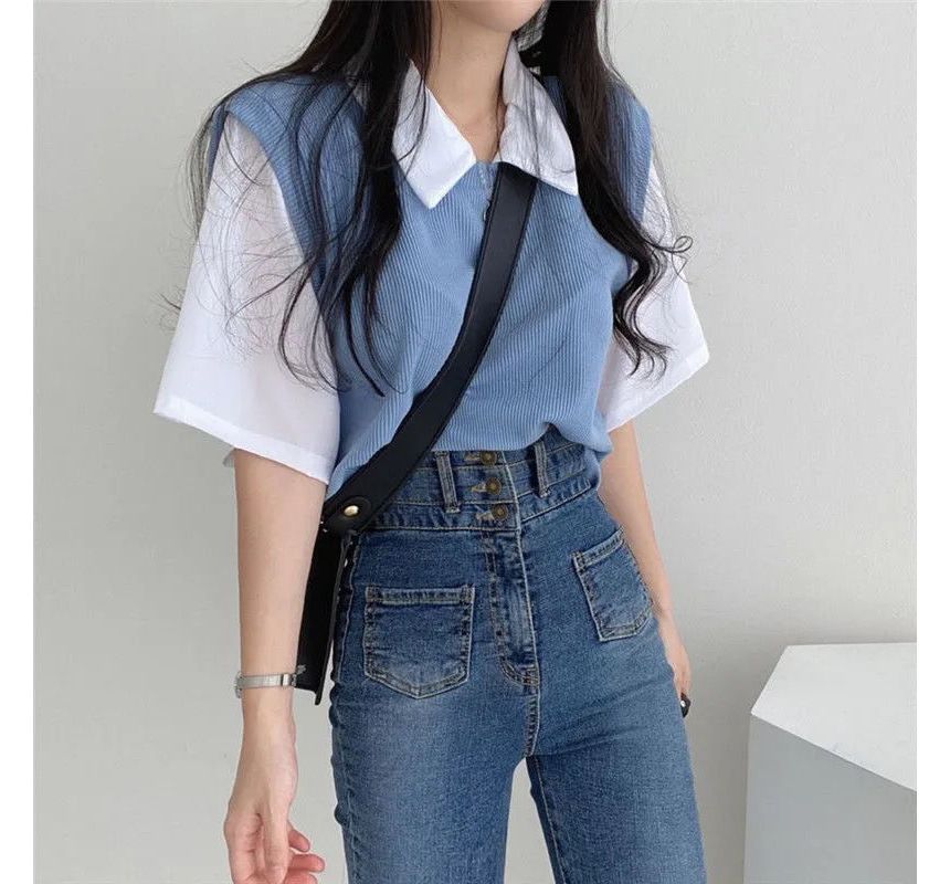Short-Sleeve Collared Mock Two Piece T-Shirt