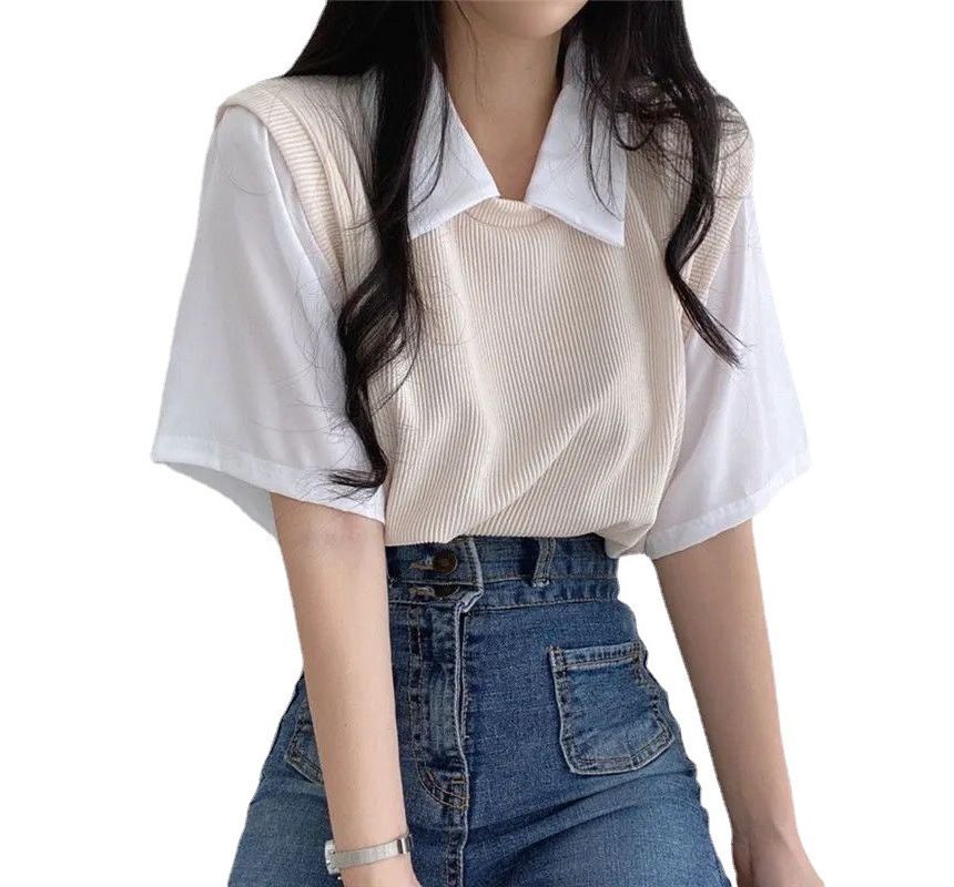 Short-Sleeve Collared Mock Two Piece T-Shirt