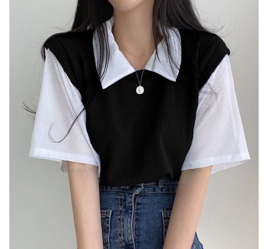 Short-Sleeve Collared Mock Two Piece T-Shirt