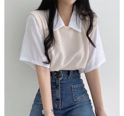 Short-Sleeve Collared Mock Two Piece T-Shirt
