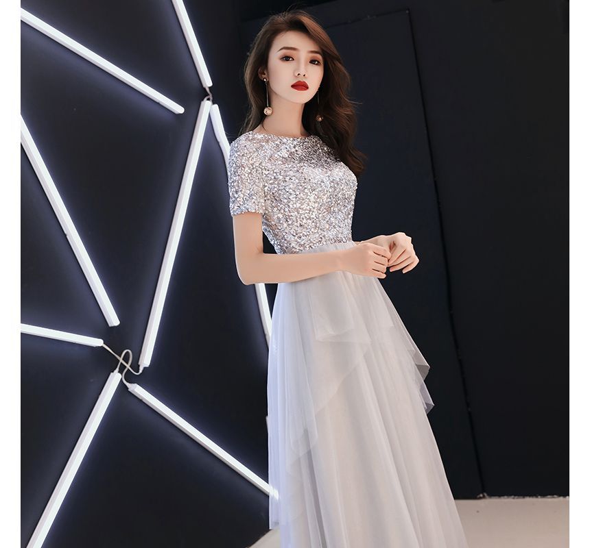 Short-Sleeve Gown Mesh Sequined A-Line Evening