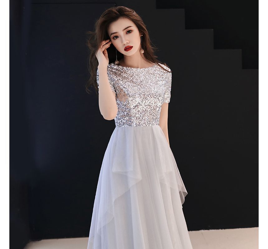 Short-Sleeve Gown Mesh Sequined A-Line Evening