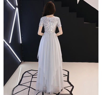 Short-Sleeve Gown Mesh Sequined A-Line Evening