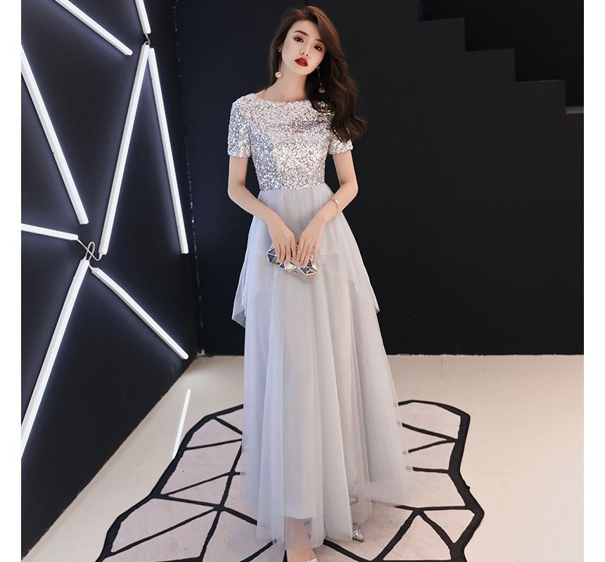 Short-Sleeve Gown Mesh Sequined A-Line Evening