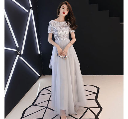 Short-Sleeve Gown Mesh Sequined A-Line Evening