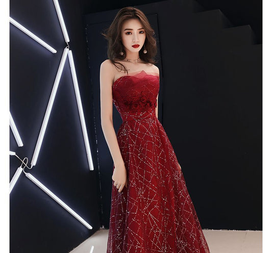 Strapless Floral Rhinestone A-Line Mesh Evening Gown