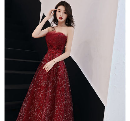 Strapless A-Line Gown Mesh Evening Rhinestone Floral