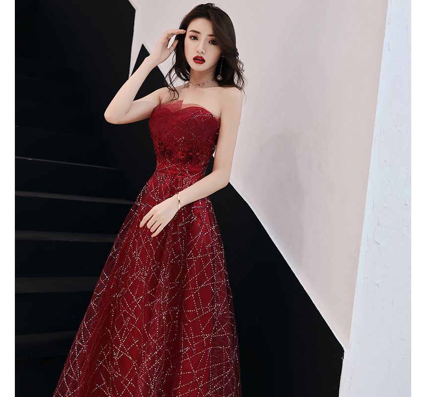 Strapless Floral Rhinestone A-Line Mesh Evening Gown