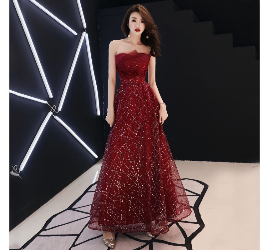 Strapless A-Line Gown Mesh Evening Rhinestone Floral