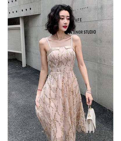 Spaghetti Strap Sequined Fringed A-Line Cocktail Dress