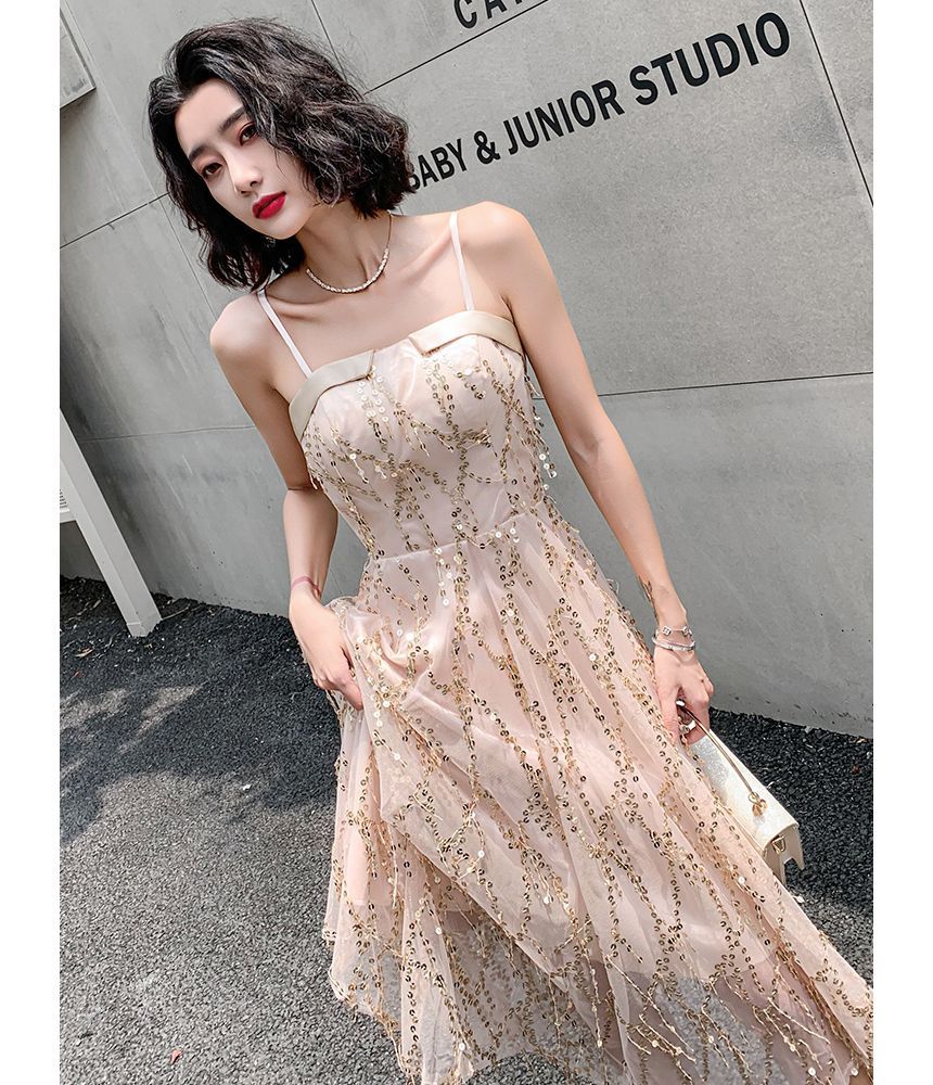 Spaghetti Strap Sequined Fringed A-Line Cocktail Dress