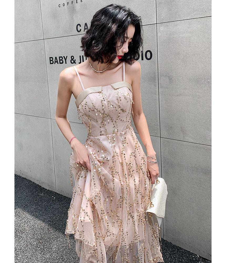 Spaghetti Strap Sequined Fringed A-Line Cocktail Dress