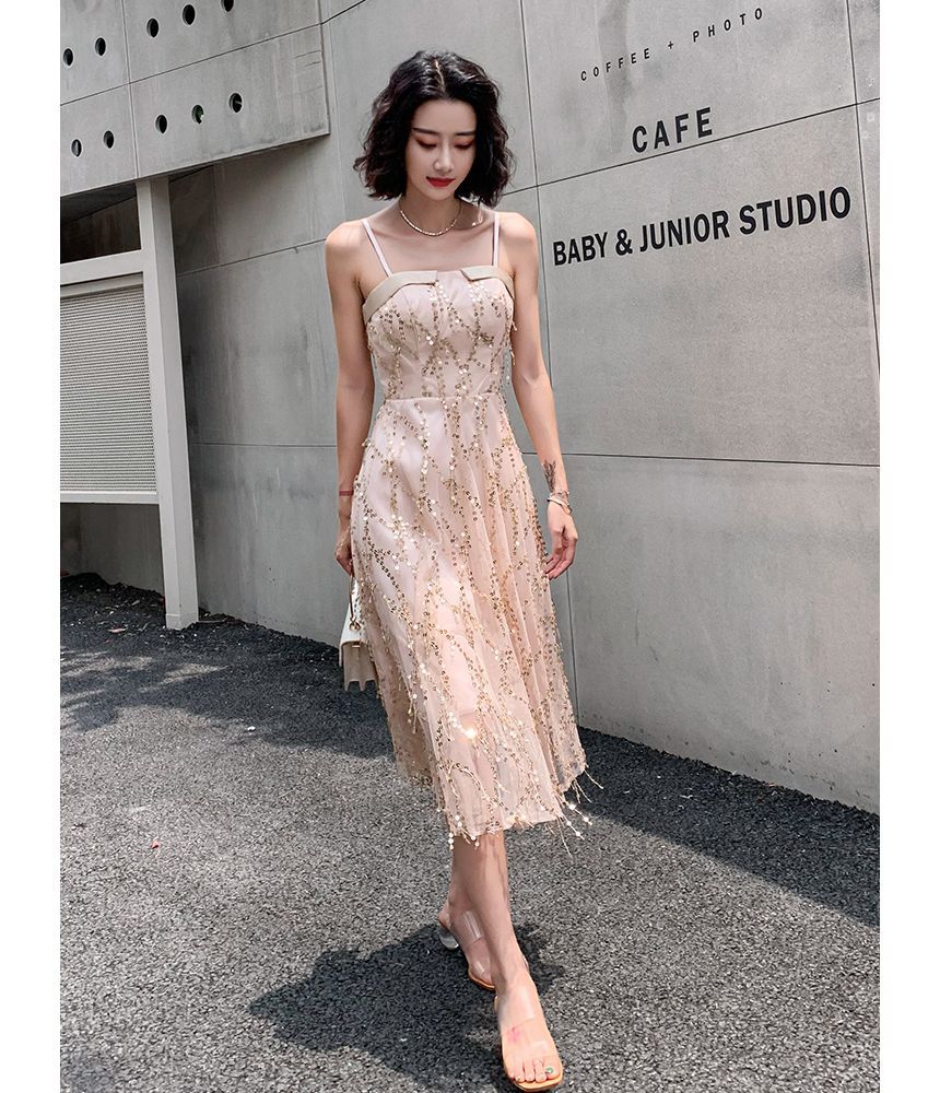 Spaghetti Strap Sequined Fringed A-Line Cocktail Dress