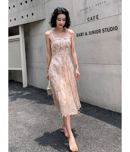 Spaghetti Strap Sequined Fringed A-Line Cocktail Dress